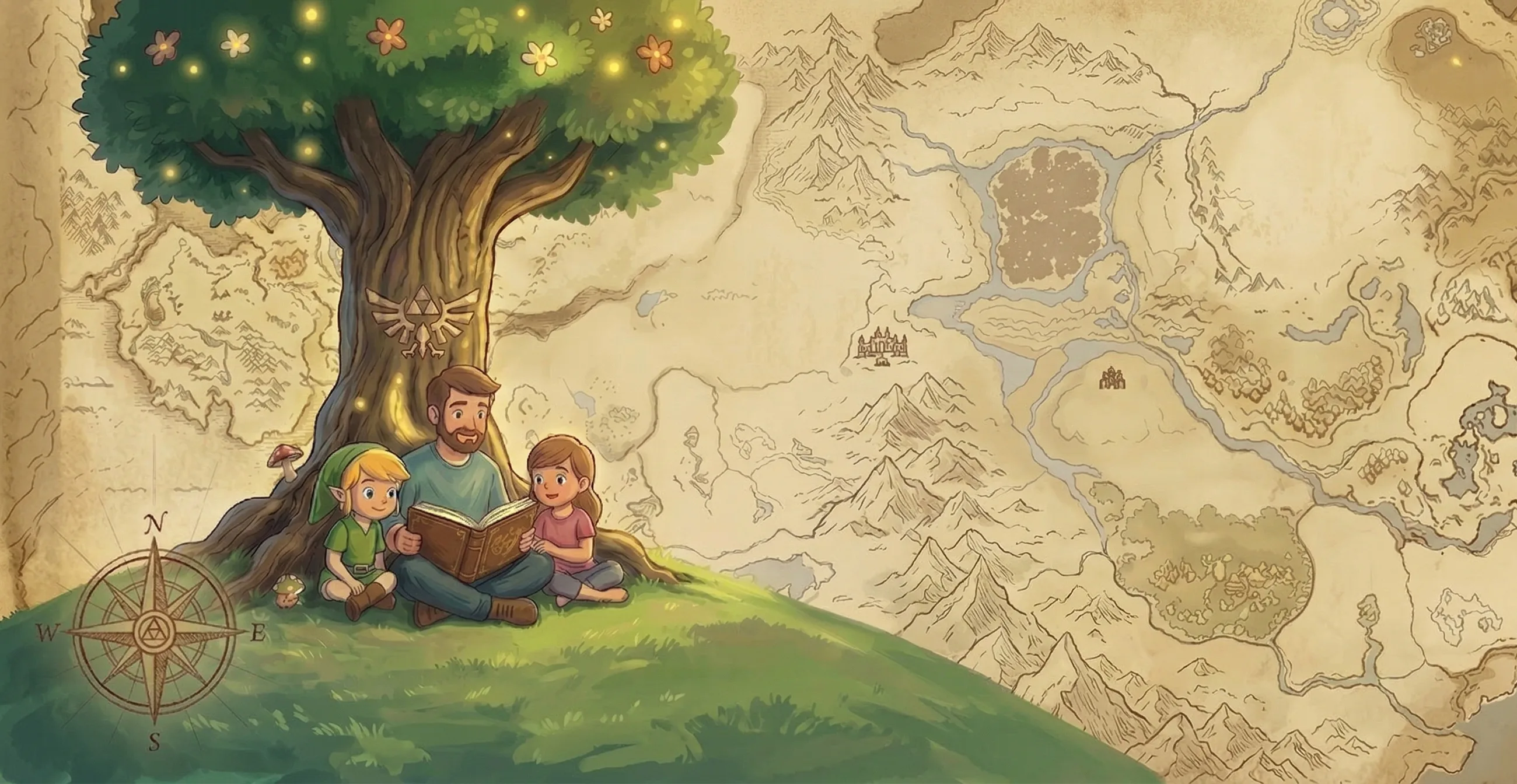 A family reading a Zelda book under a Great Deku Tree, with a Hyrule map extending across the landscape