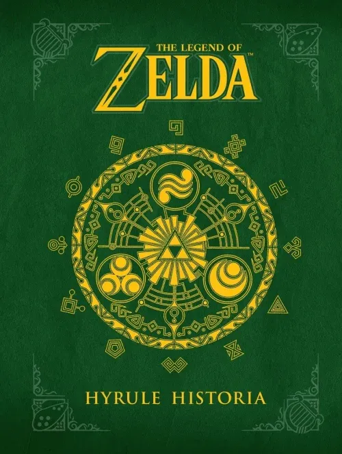 Hyrule Historia book cover with gold Zelda crest on green background